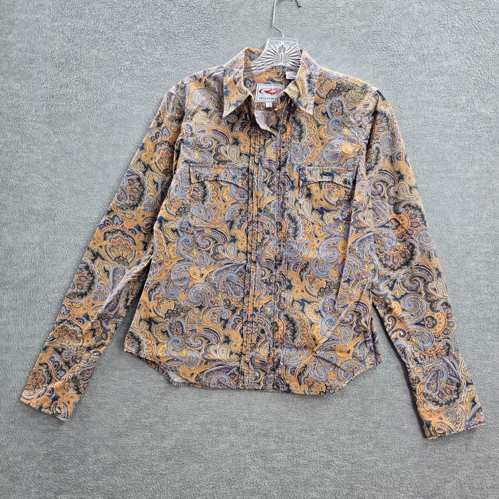VINTAGE Roper Women Top Small Yellow Paisley Western Rodeo Pearl Snap 90s